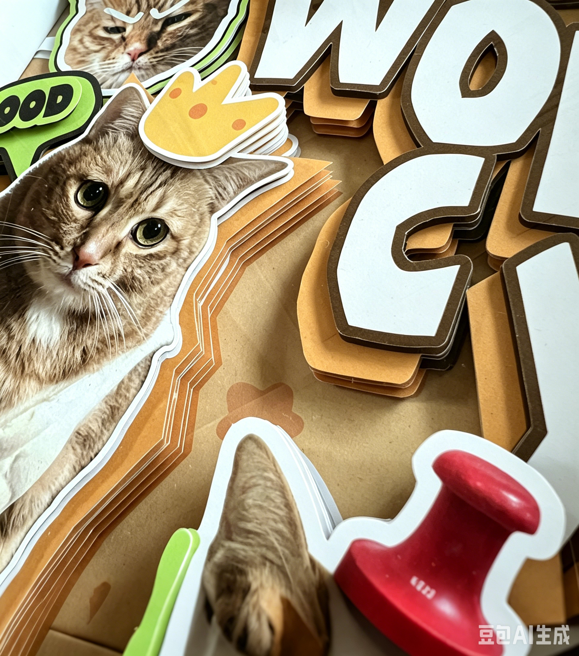 Extreme close-up displaying the fine paper layers, precise cuts, and detailed icons of the smiling ragdoll cat.