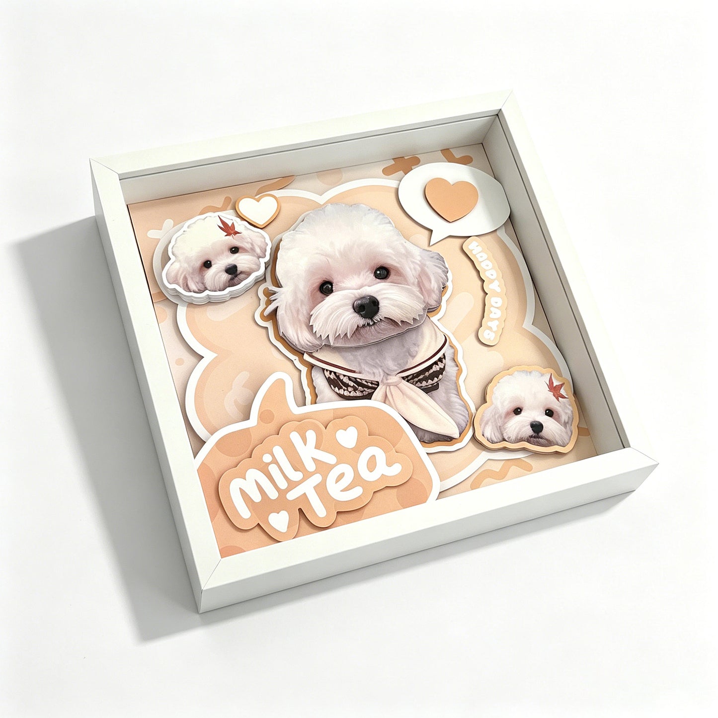 Angled overhead shot of a white square shadow box frame displaying the dimensional layering of the custom 3D dog paper artwork.