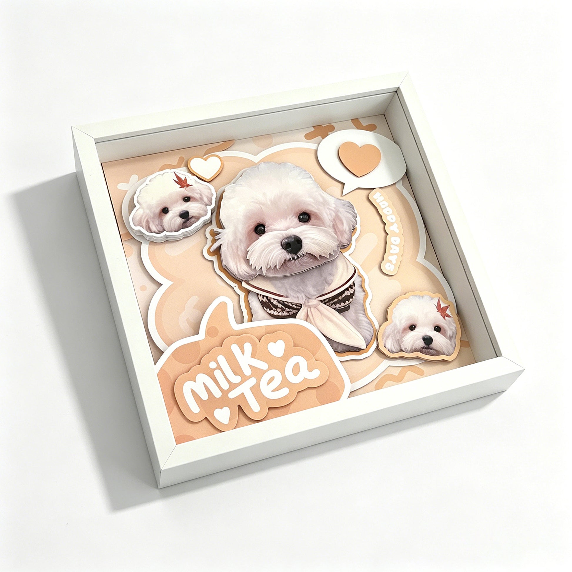 Angled overhead shot of a white square shadow box frame displaying the dimensional layering of the custom 3D dog paper artwork.