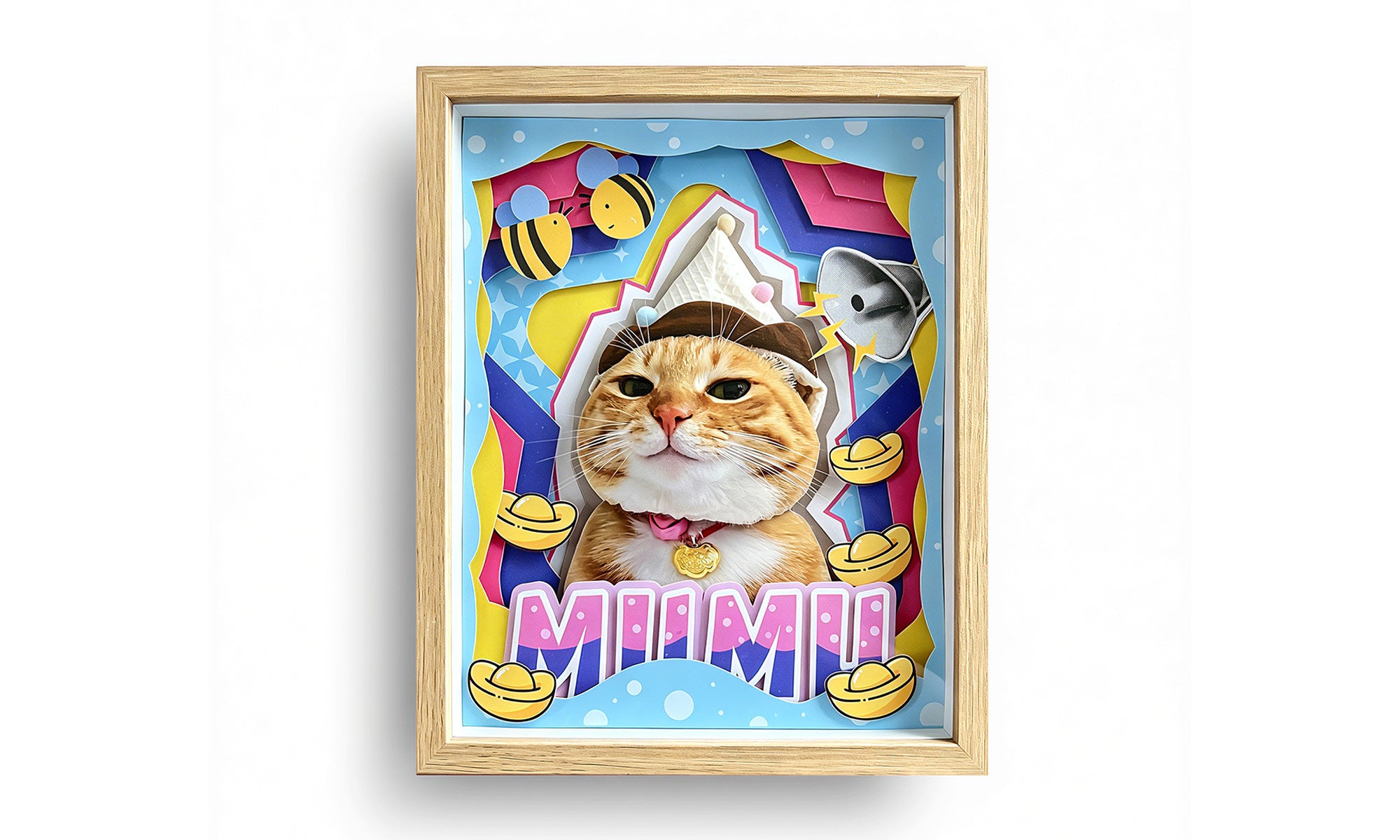 Custom 3D pet portrait shadow box of an orange tabby cat, handcrafted from the original photo.
