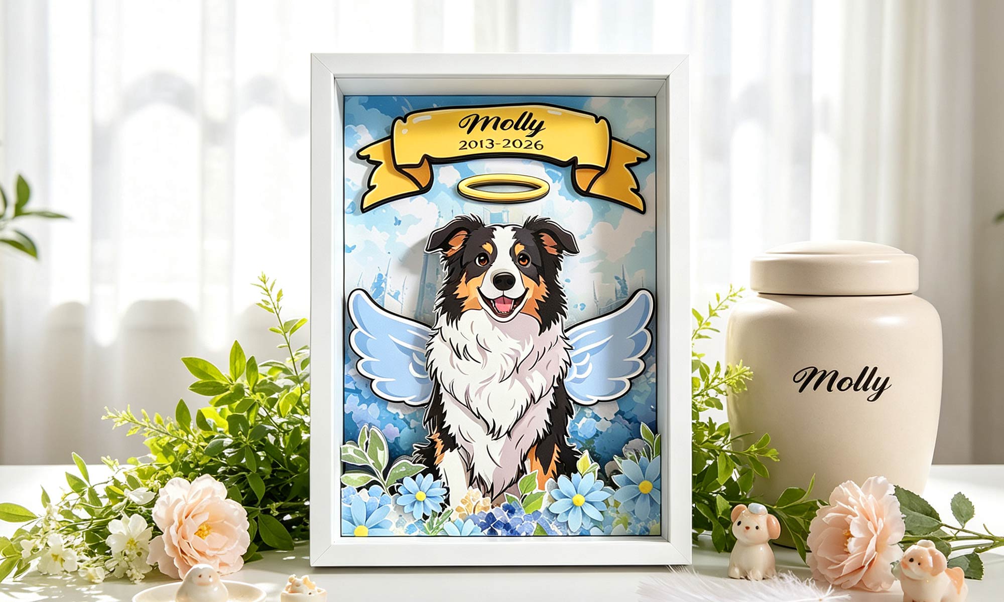 Sample 3D Australian Shepherd memorial shadow box design with angel wings and floral details