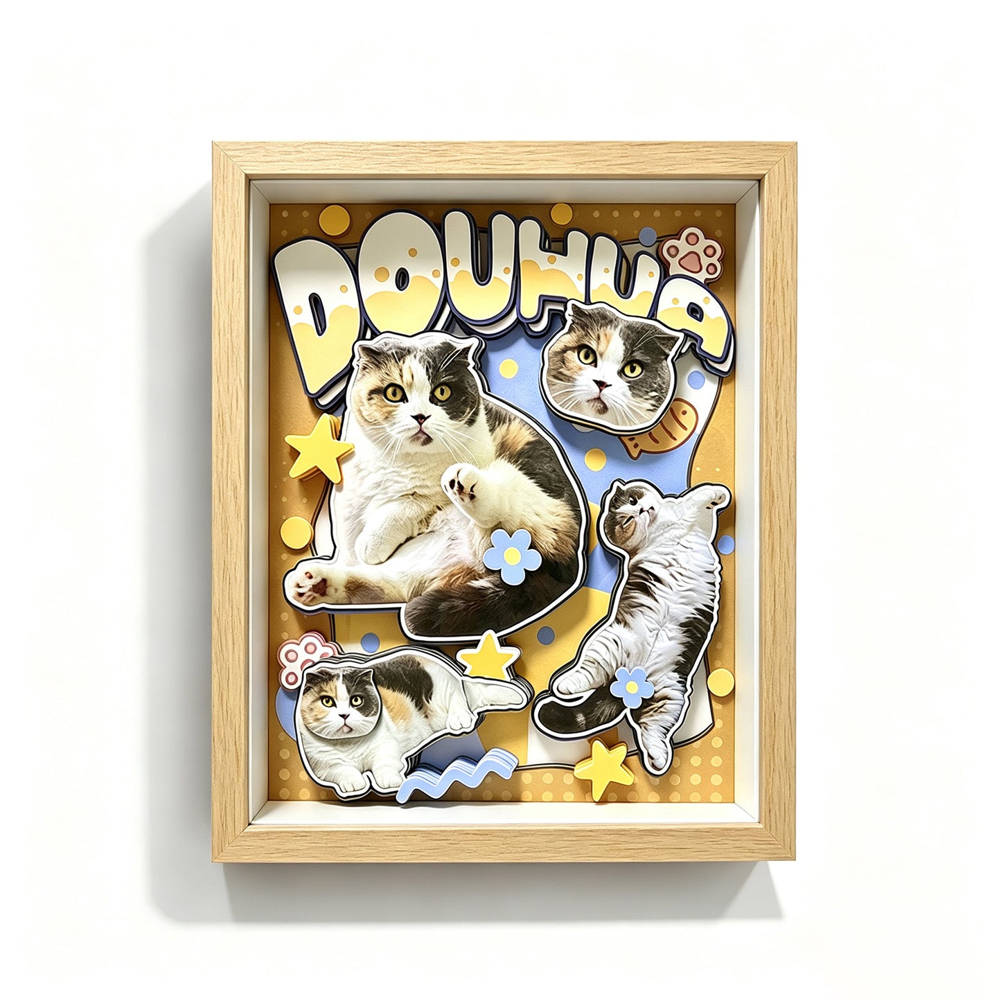 Custom 3D Scottish Fold cat portrait shadow box in natural wood frame, playful comic style with yellow and blue background