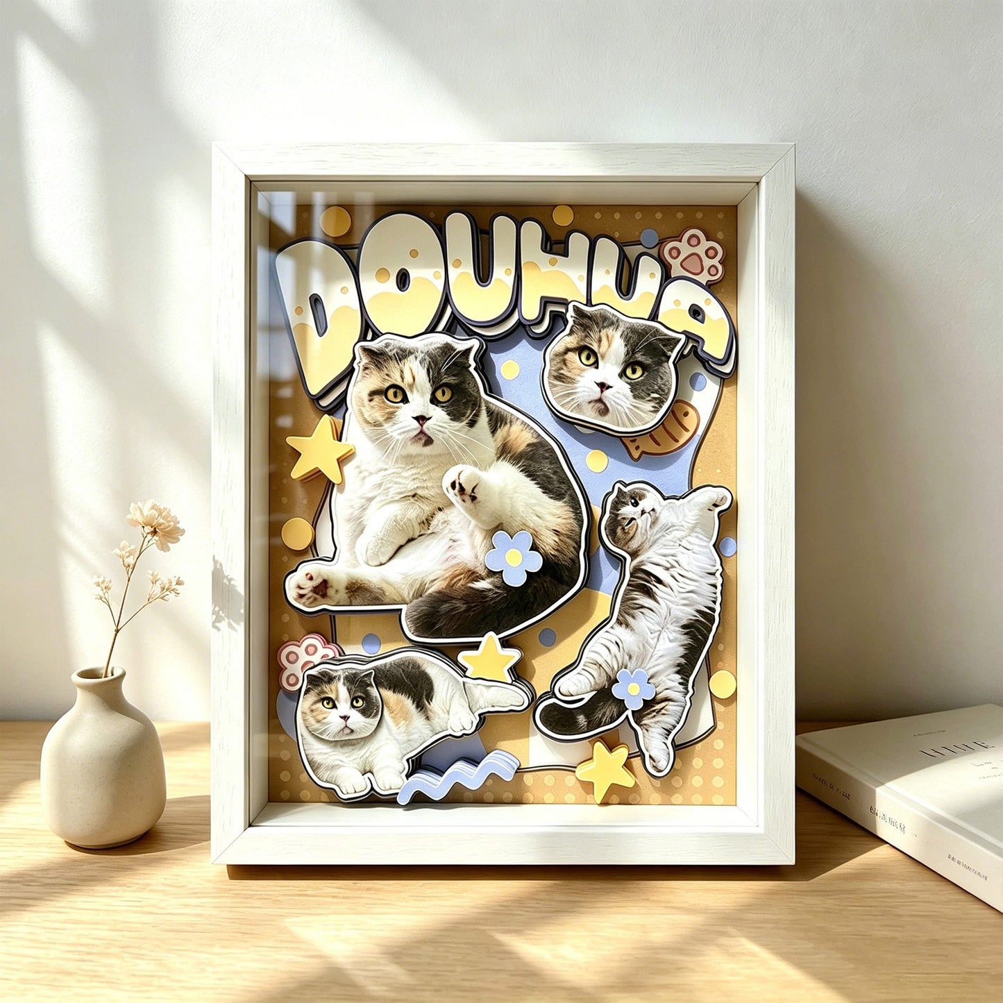 Custom 3D Cat Portrait Shadow Box Frame — Personalized Layered Paper Art custom pet portrait - MooWeeStudio
