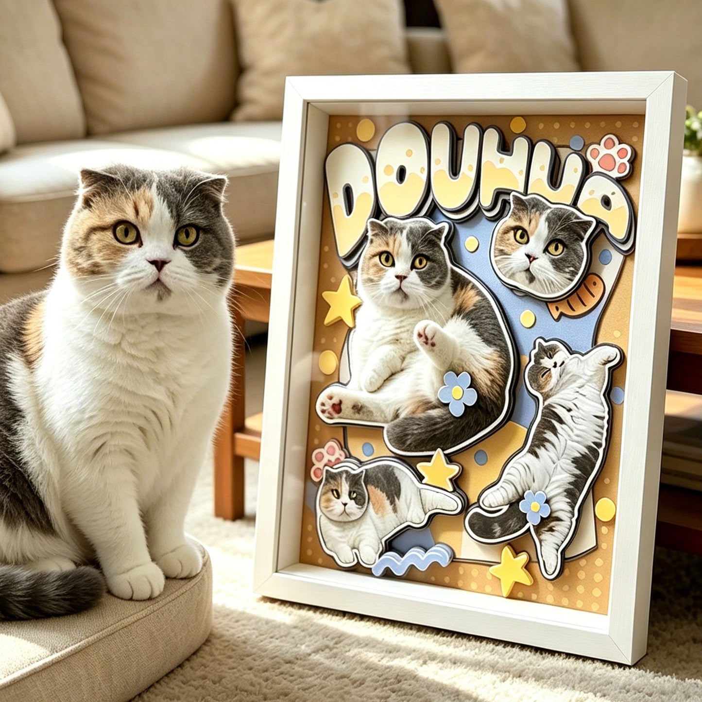 Custom 3D Cat Portrait Shadow Box Frame — Personalized Layered Paper Art custom pet portrait - MooWeeStudio