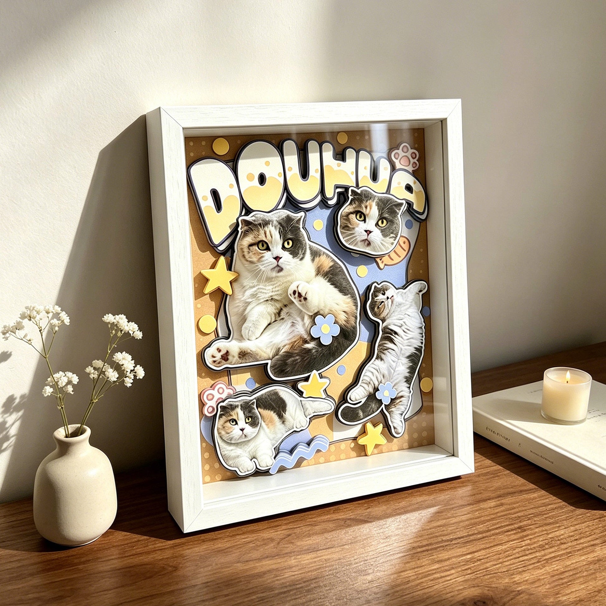Custom 3D Cat Portrait Shadow Box Frame — Personalized Layered Paper Art custom pet portrait - MooWeeStudio