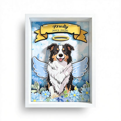 Custom pet memorial shadow box with a hand-drawn portrait and angel wings