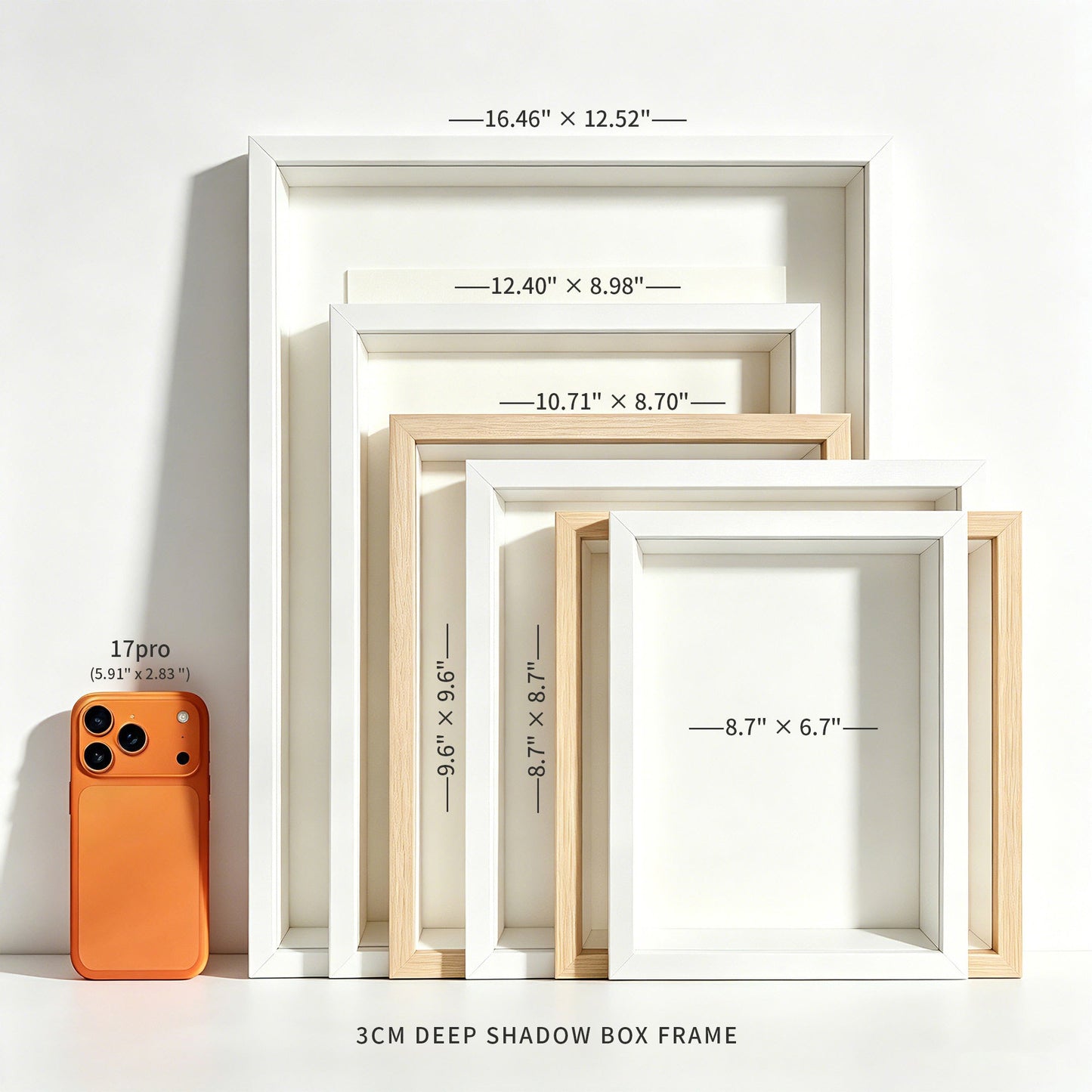 Back view of custom 3D pet portrait shadow box frames in different sizes.
