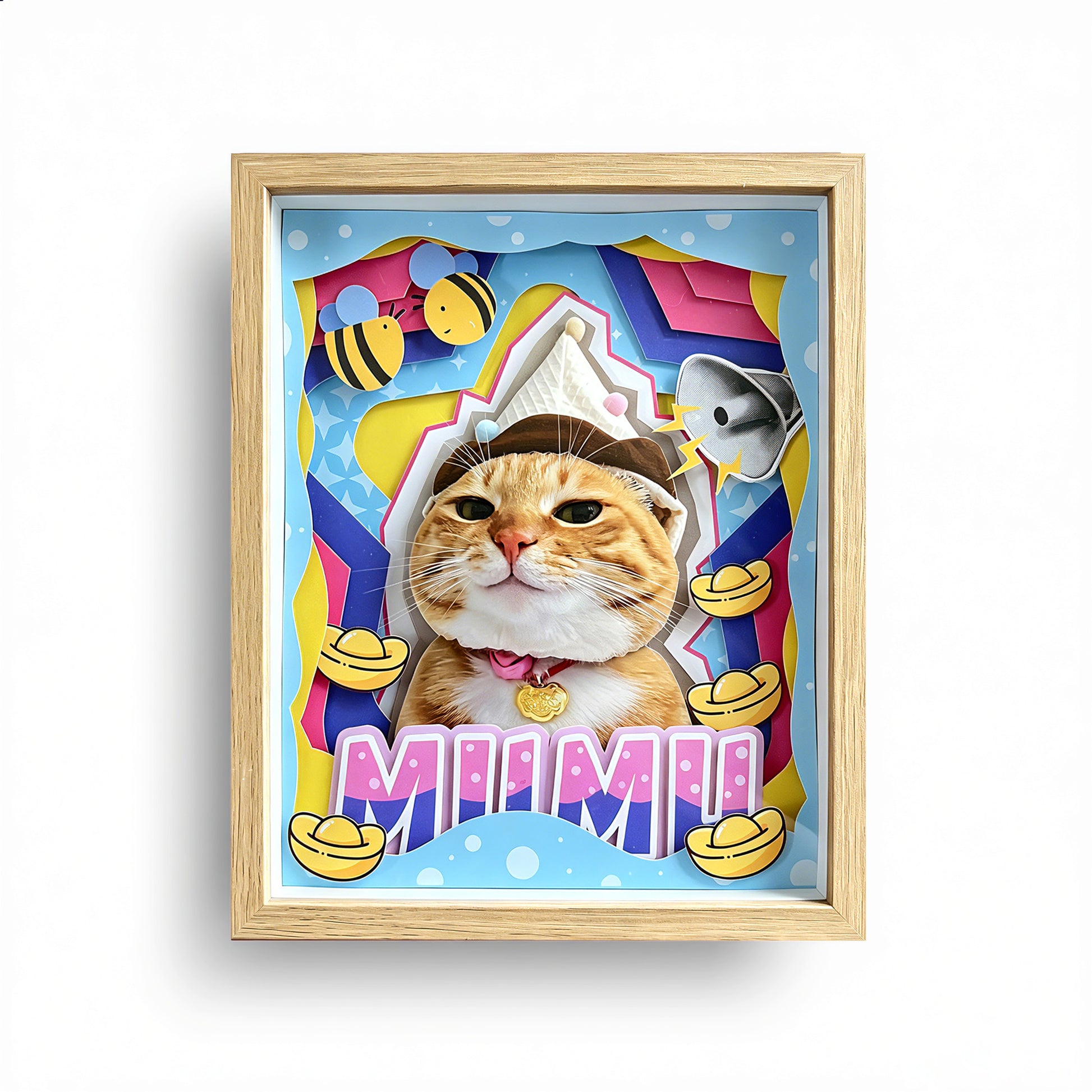 A stunning handcrafted 3D layered paper-cut cat portrait named Miumiu in a premium wooden shadow box frame.