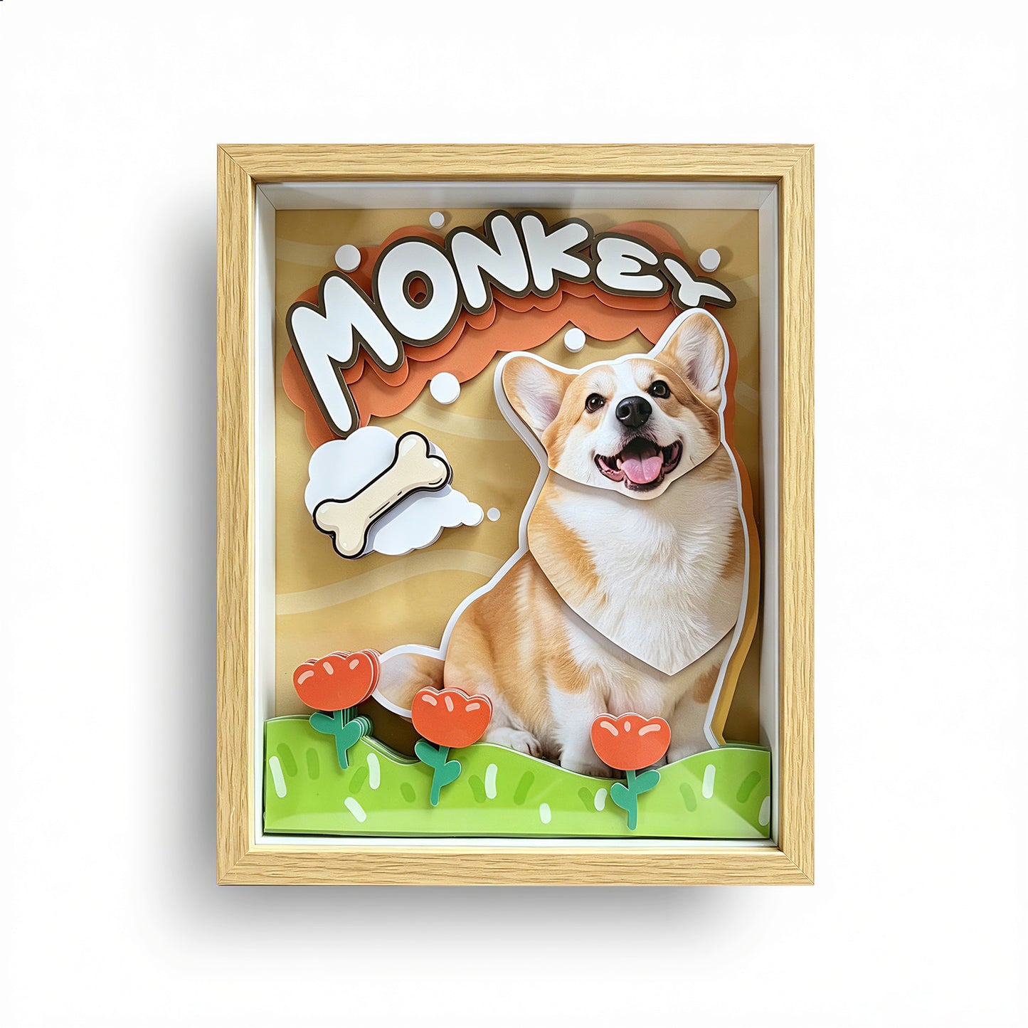 A handcrafted 3D layered paper-cut corgi dog portrait with the name Monkey in a warm wooden shadow box frame.