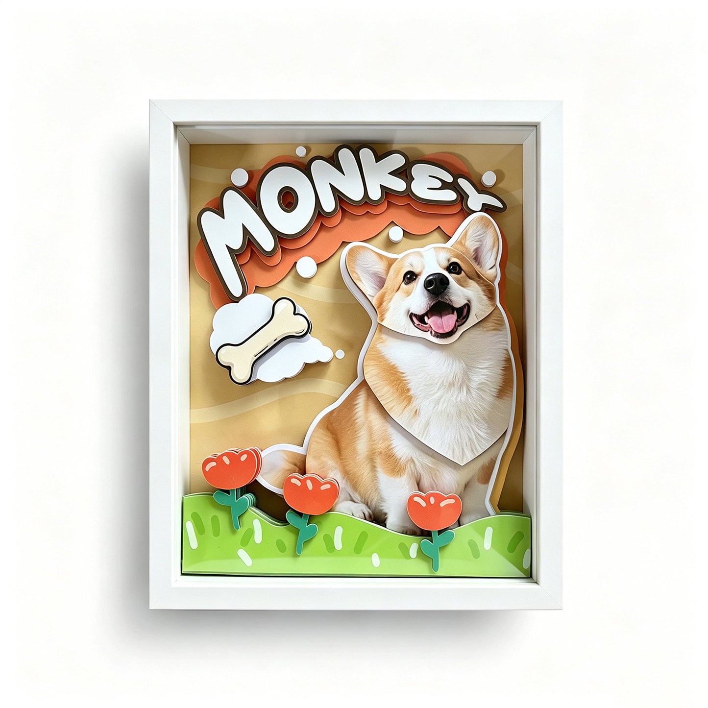 Custom 3D Pet Portrait Shadow Box | Corgi Handcrafted Paper Art custom pet portrait - MooWeeStudio