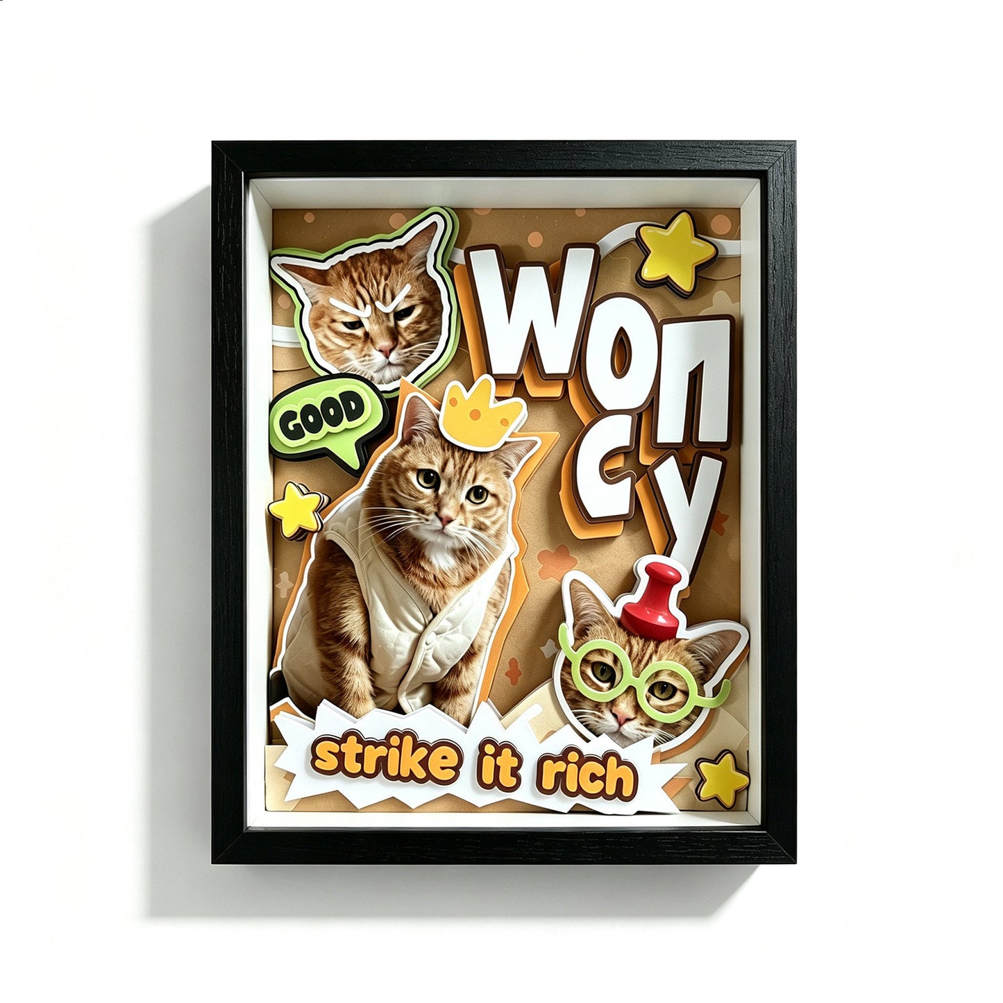 Custom Orange Cat Portrait Shadow Box in a black frame