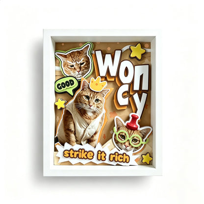 Custom Orange Cat Portrait Shadow Box in a white frame