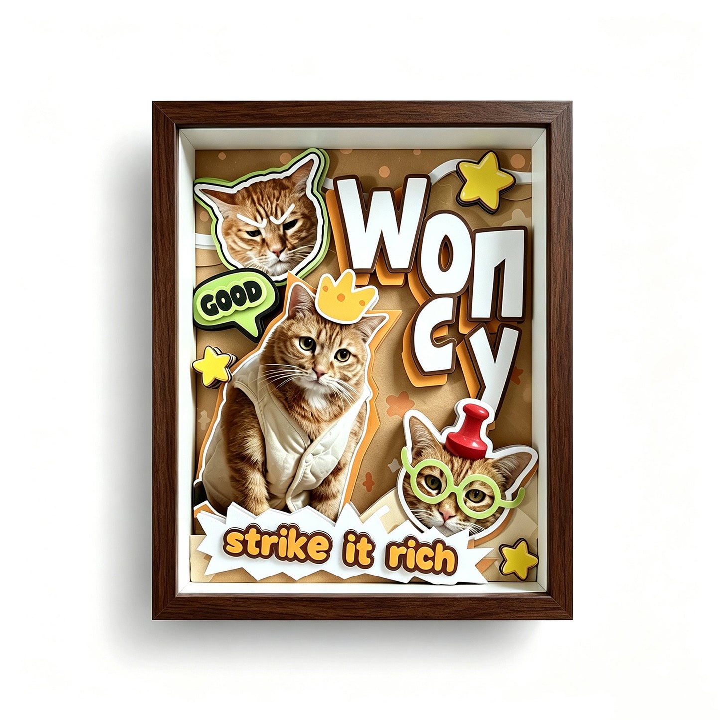 Custom Orange Cat Portrait Shadow Box in a brown frame