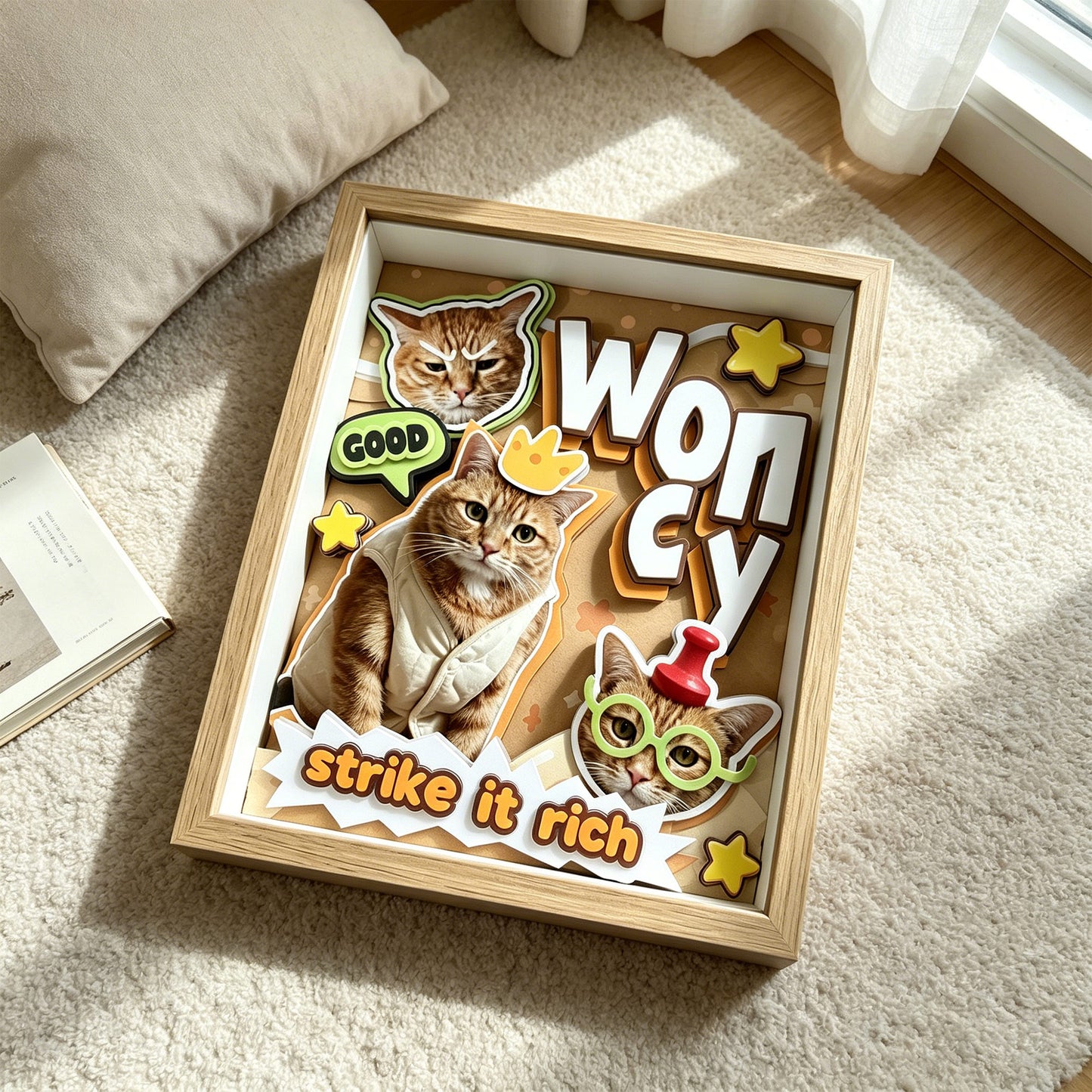 Elegant 3D personalized cat shadow box art displayed on a wooden shelf in a bright, cozy room setting.