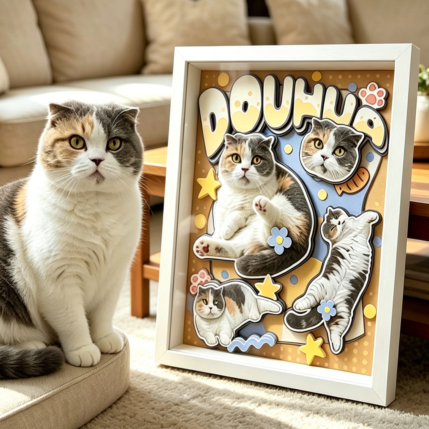3D custom cat shadow box at an angle, showcasing layered elements and decorative icons.