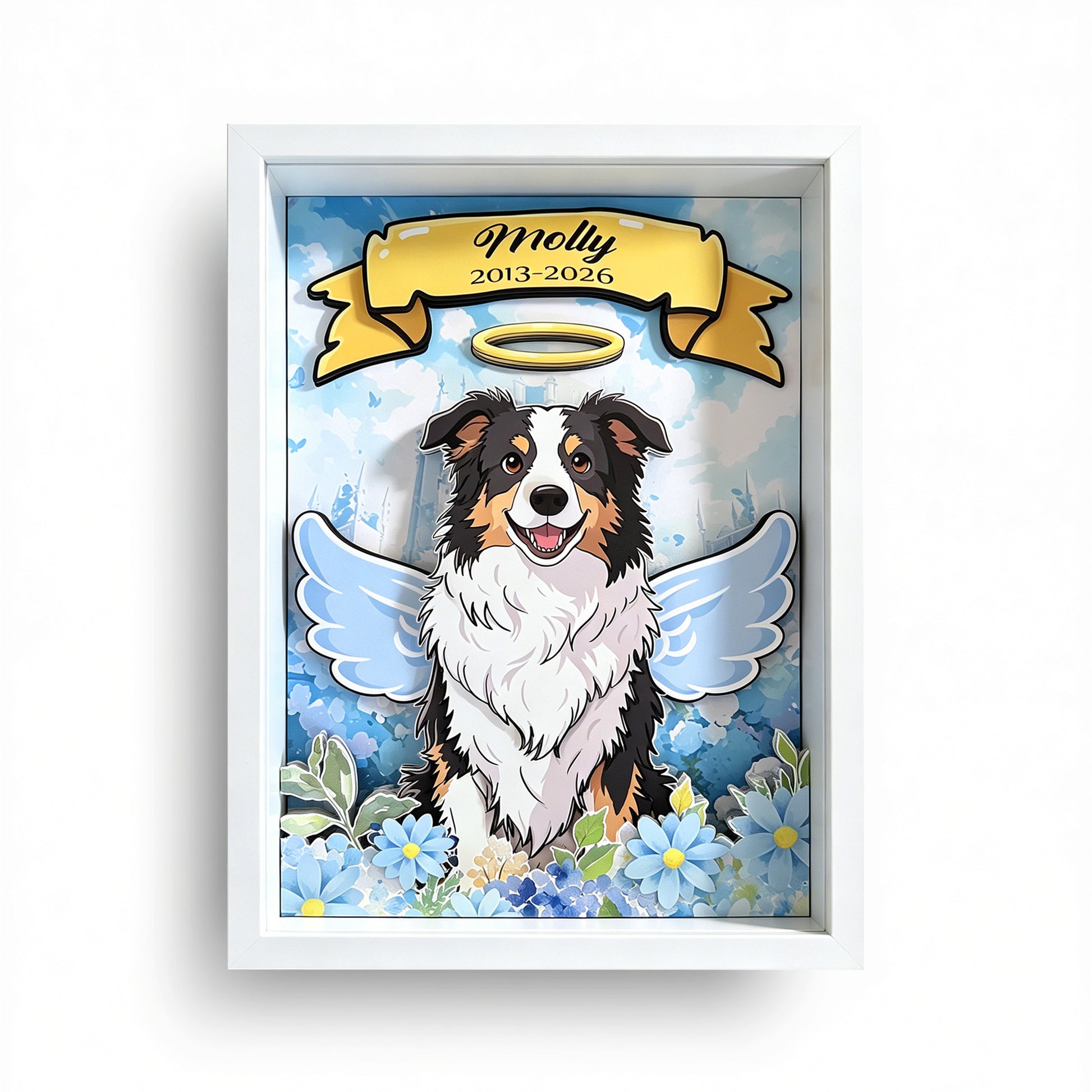 Handcrafted 3D layered paper-cut memorial shadow box featuring a custom hand-drawn angel dog with halo and wings in a white frame