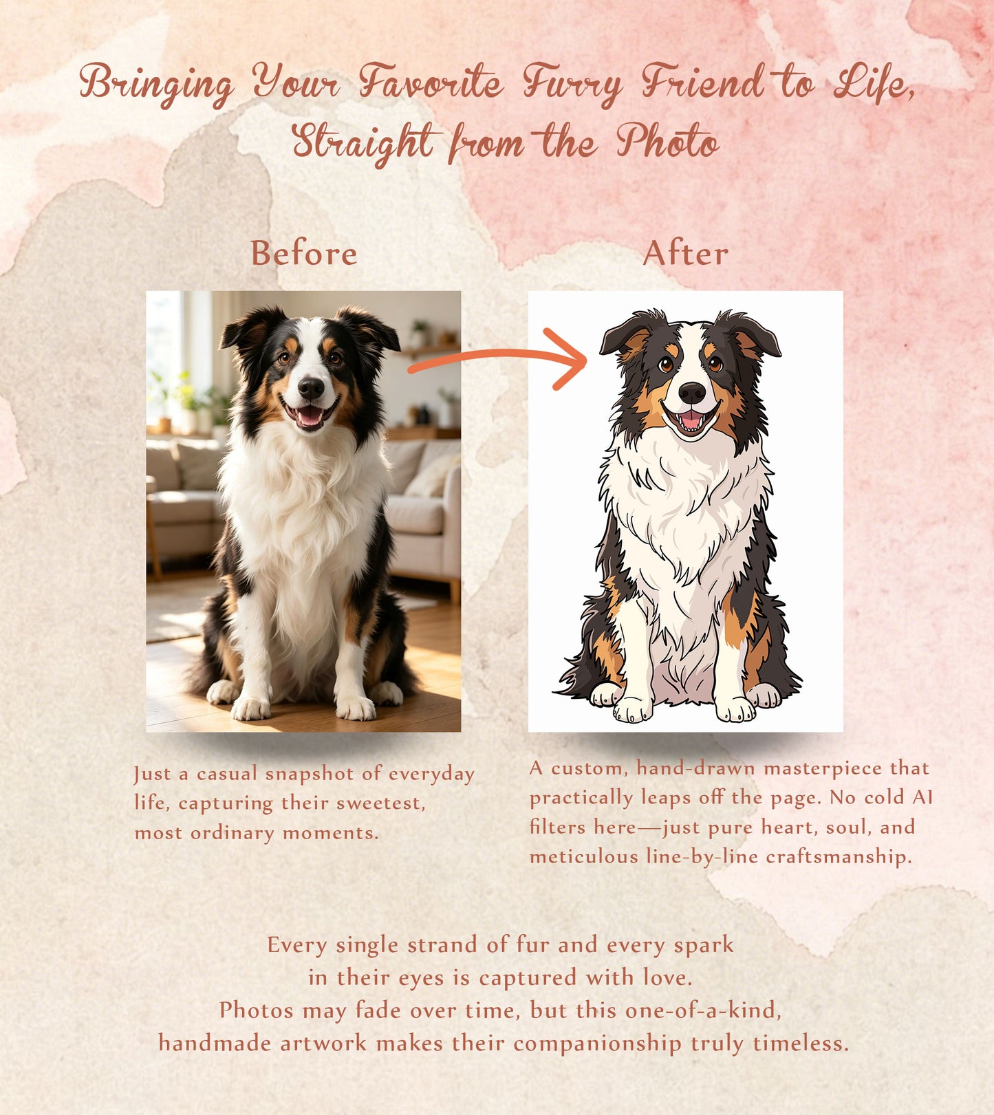 Real photo of a dog alongside its custom hand-drawn 3D memorial shadow box portrait, showing the before and after transformation.