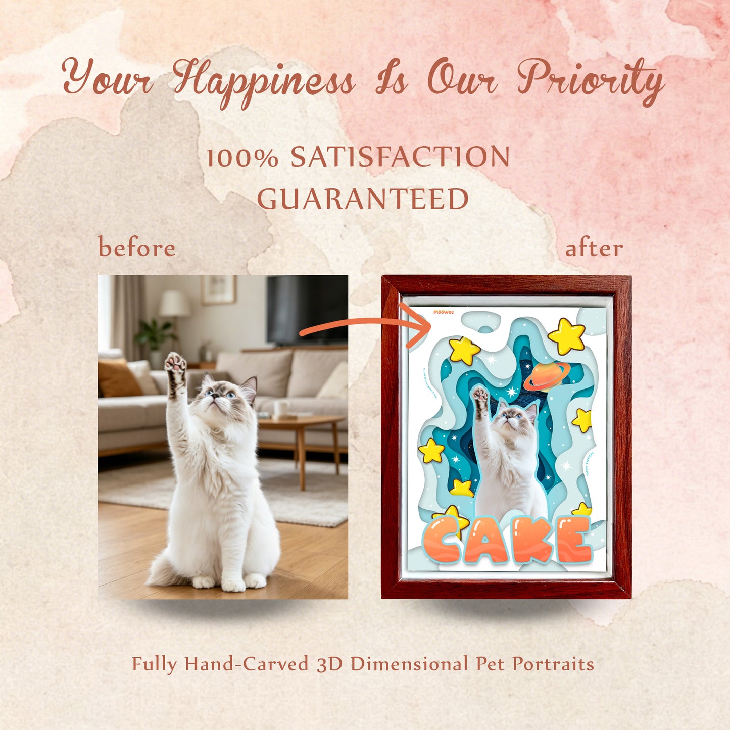 Before and after comparison showing a flat cat photo transformed into a hand-layered 3D paper-cut pet portrait.