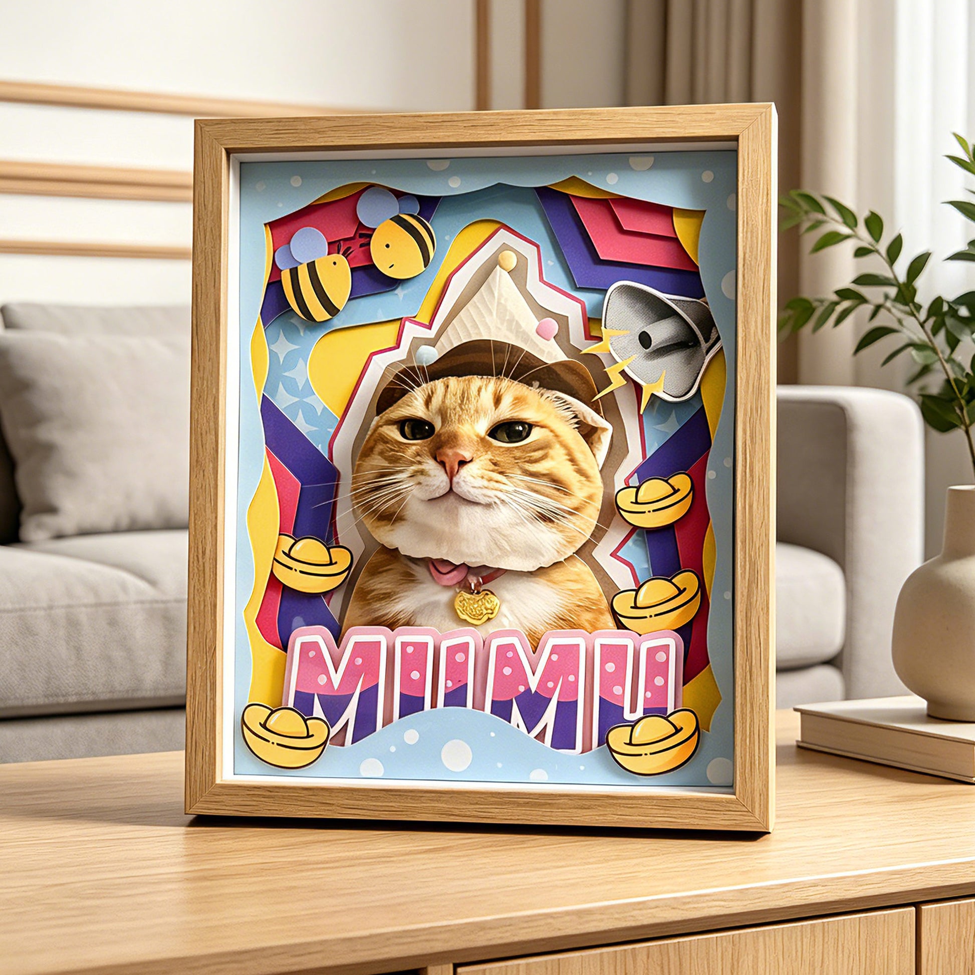 3D personalized cat shadow box art displayed on a modern living room tabletop.
