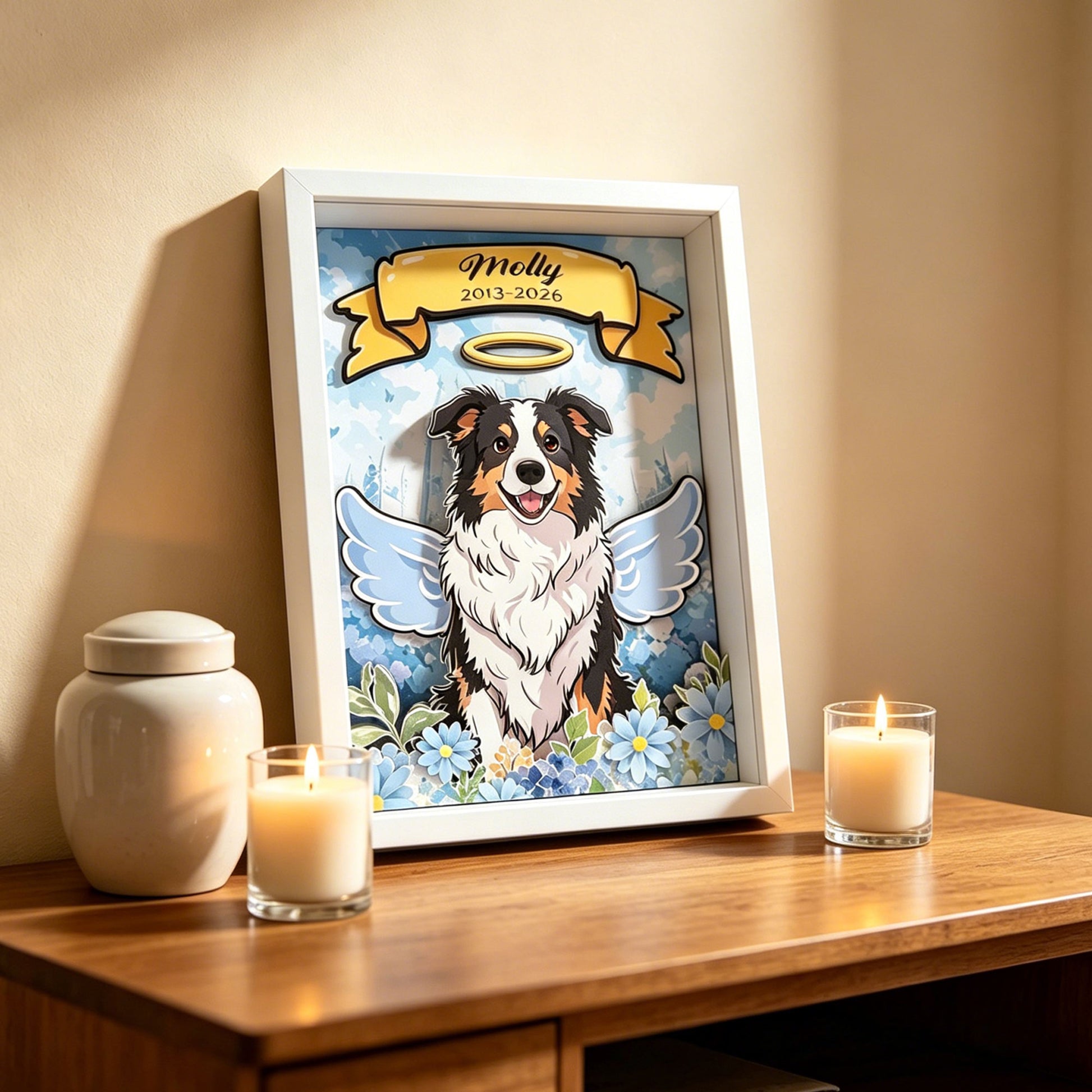 Custom 3D dog memorial shadow box displayed as a heartfelt home decor piece in a cozy living space.