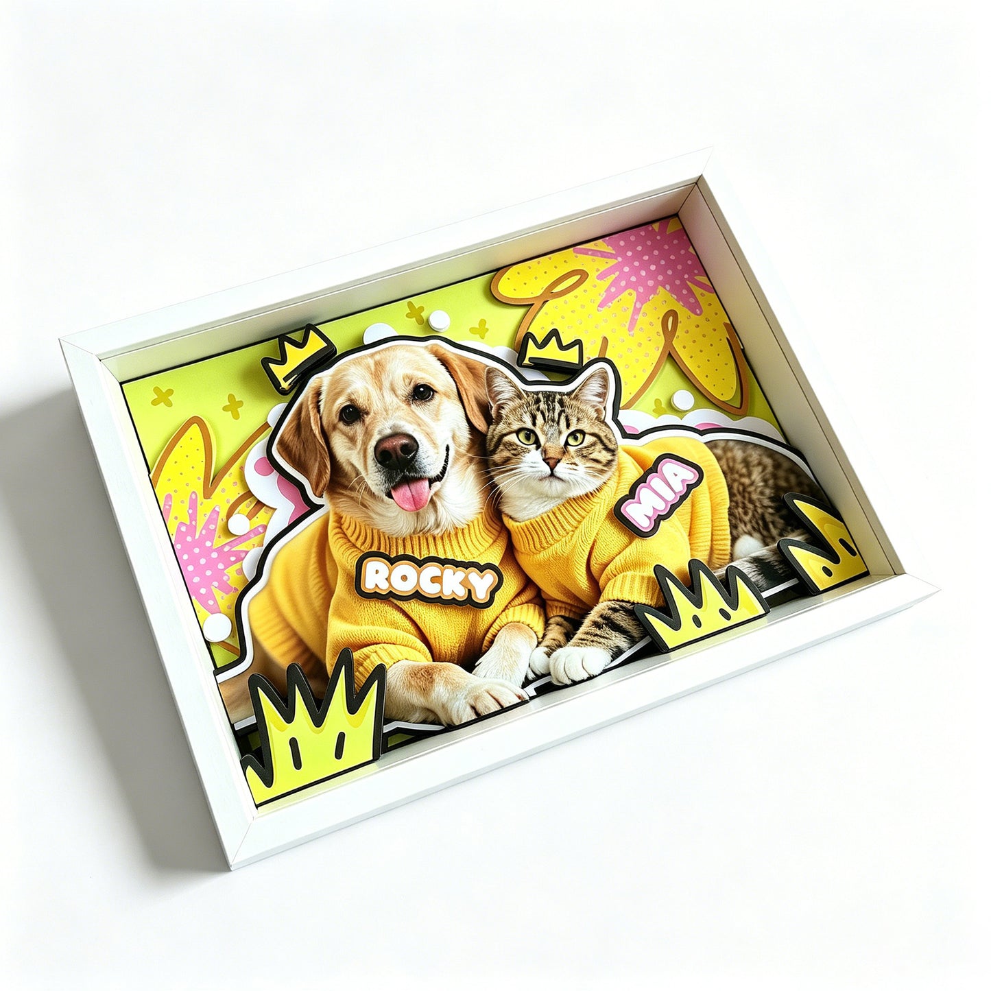 Handcrafted 3D layered paper-cut portrait of a smiling orange cat with green bow tie, in a light wood shadow box with sunflower background.