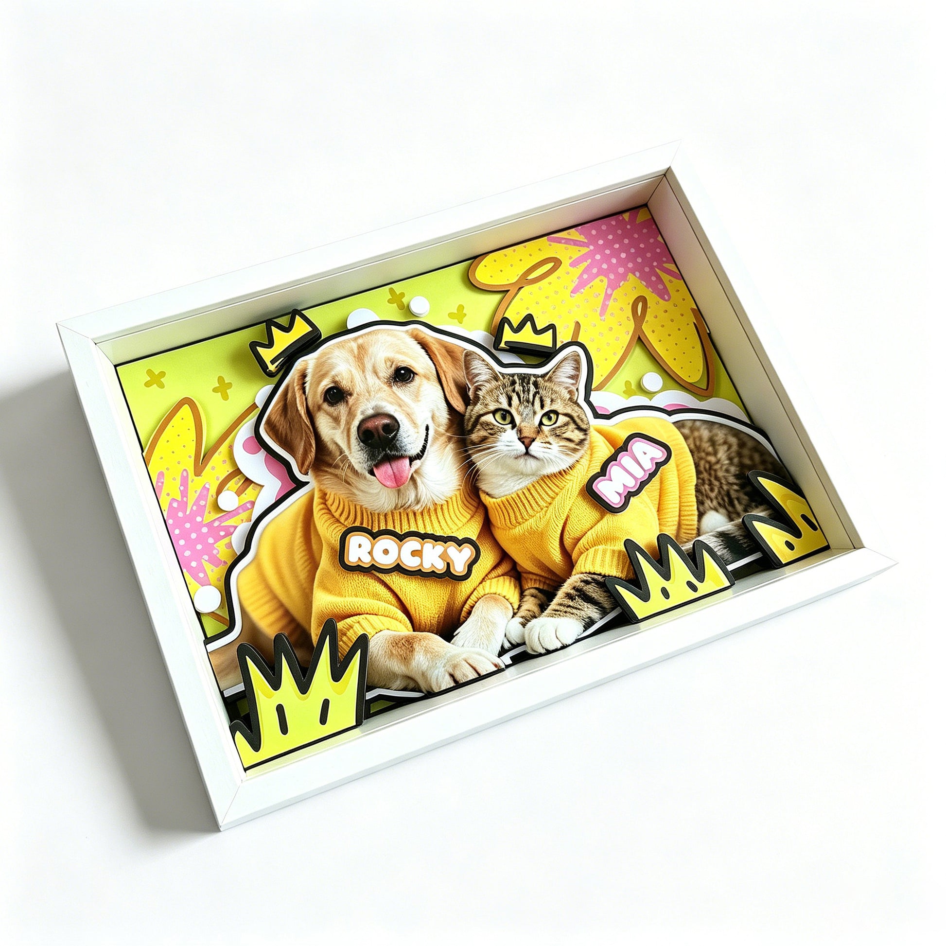 Handcrafted 3D layered paper-cut portrait of a smiling orange cat with green bow tie, in a light wood shadow box with sunflower background.