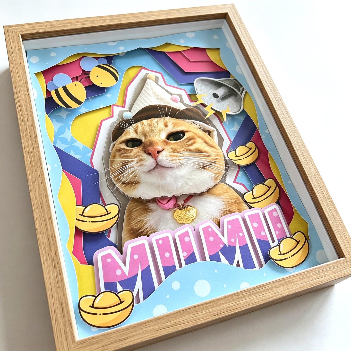 Side view closeup of the 3D depth and multi-layered paper-cut craftsmanship of the cat portrait.