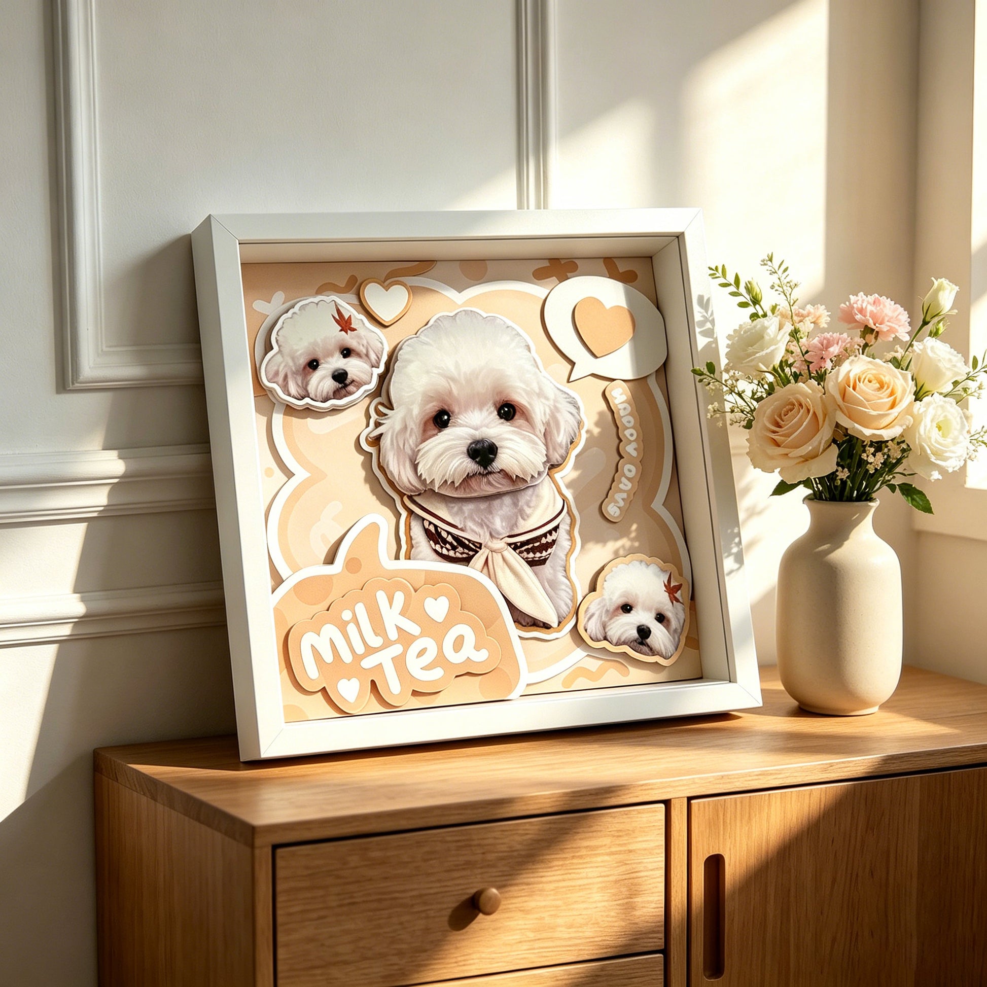 Custom 3D dog portrait on a wooden sideboard next to a ceramic vase with pastel roses in warm afternoon light.