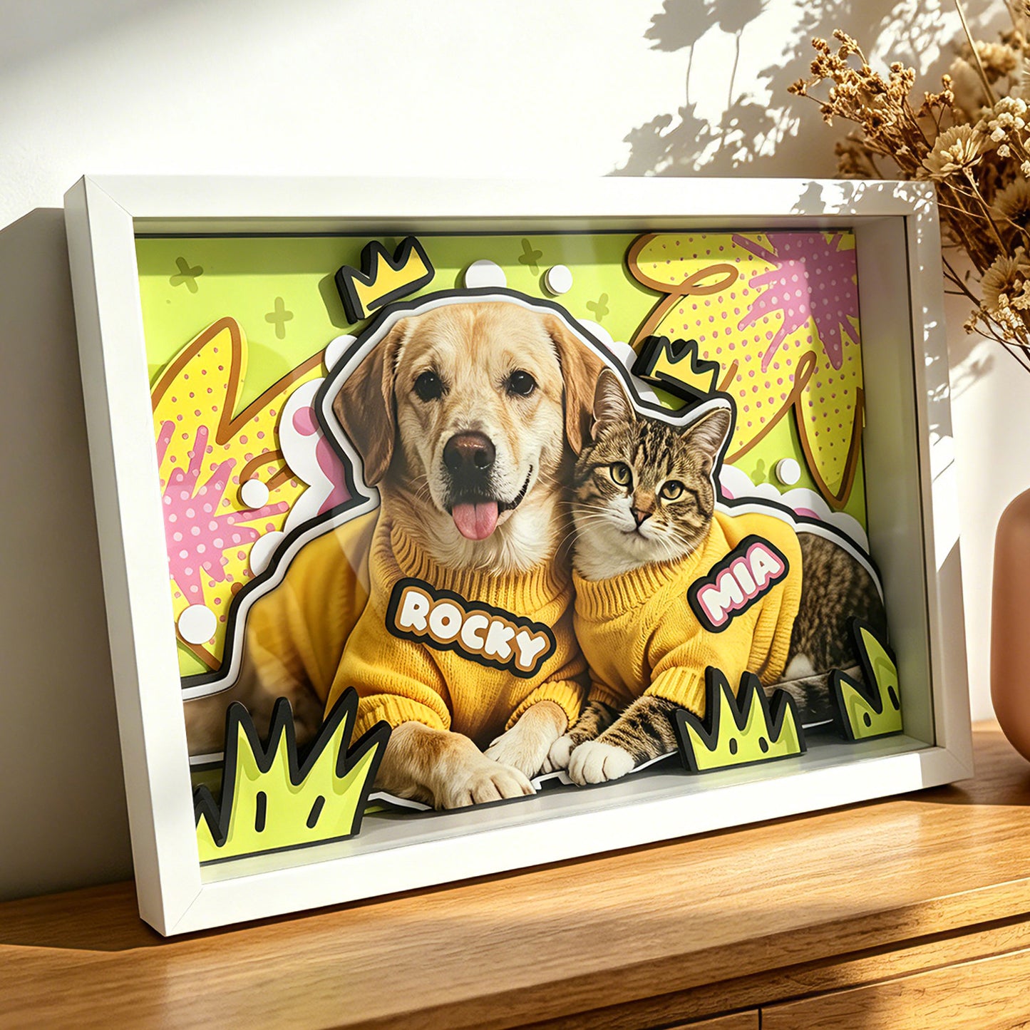Customized 3D pet shadow box art displayed beautifully on a wooden cabinet with soft indoor sunlight.