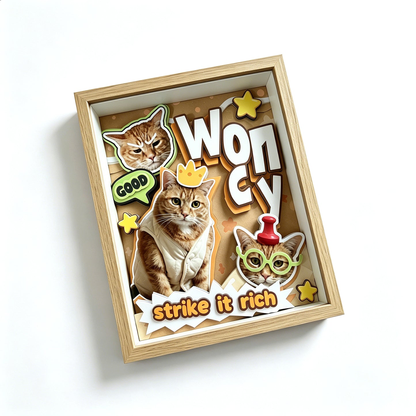Close-up angled view showing the vibrant cosmic background and smooth cutouts of the framed cat portrait.