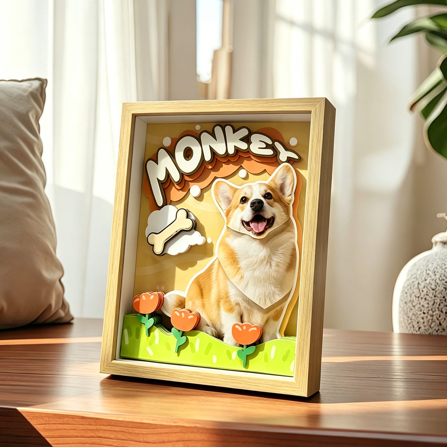 Personalized 3D corgi paper-cut shadow box art placed on a wooden table in a bright, sunlit living room.