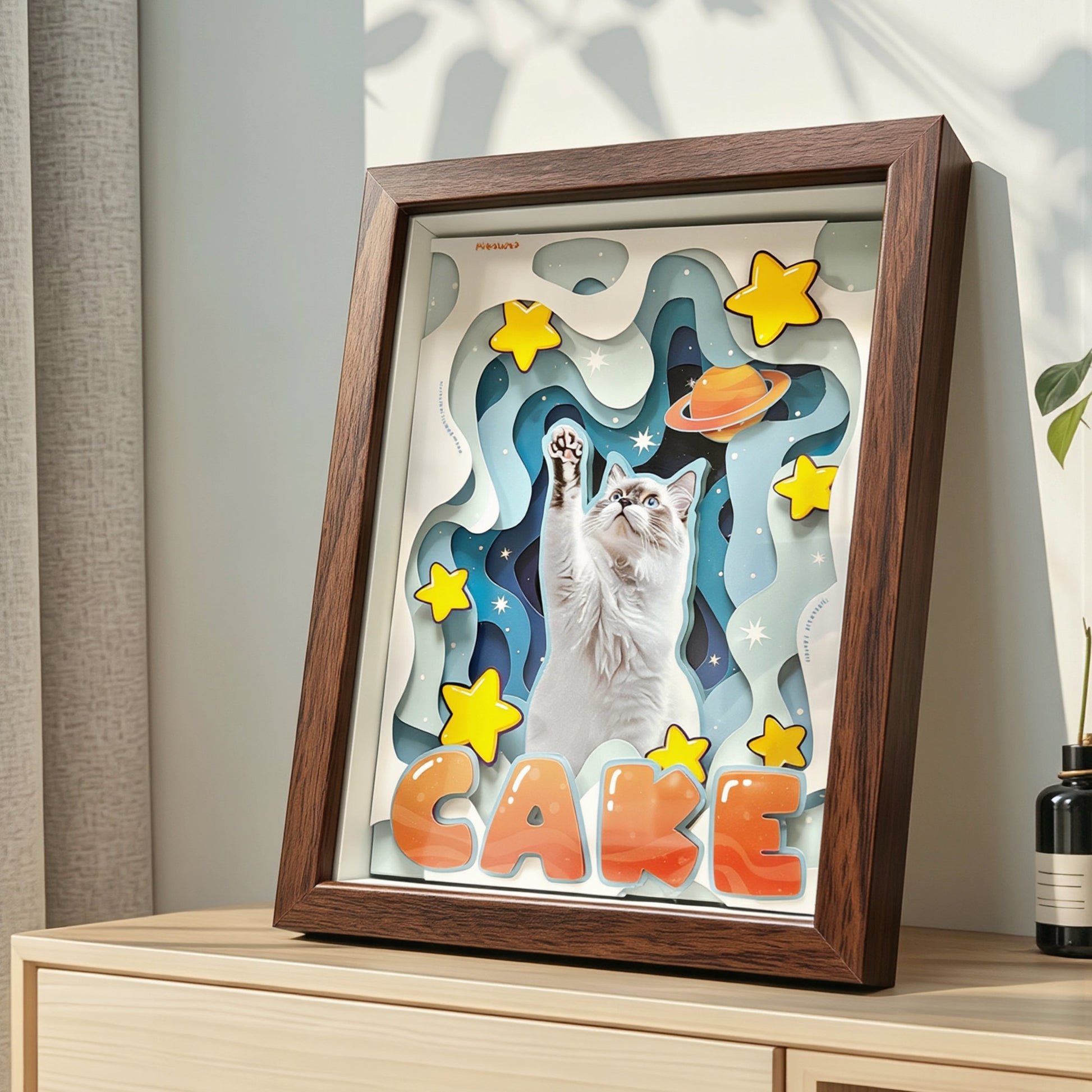 Custom 3D pet art elegantly displayed as a warm wall or tabletop decoration in a modern living room.