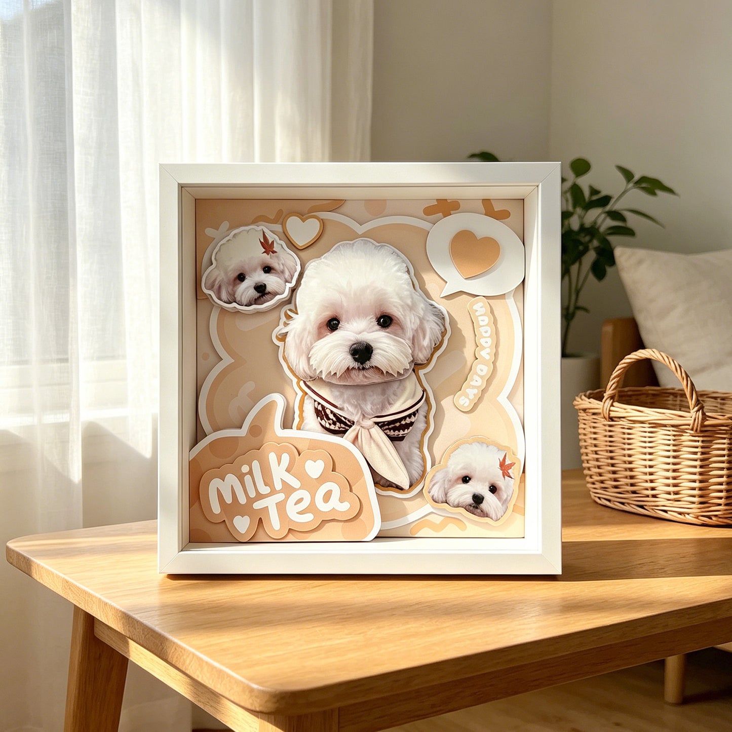 White dog 3D shadow box art on a light wooden table in a sunlit room, creating a cozy home decor vibe.