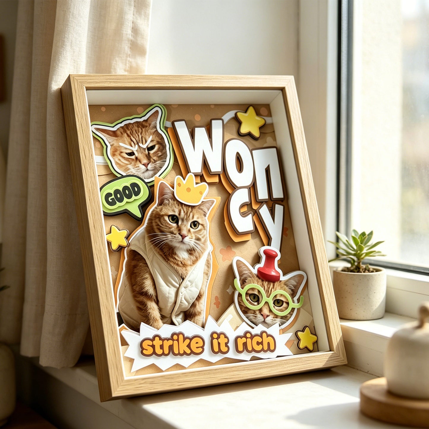Custom framed 3D cat paper art on a wooden cabinet — perfect gift for cat moms.