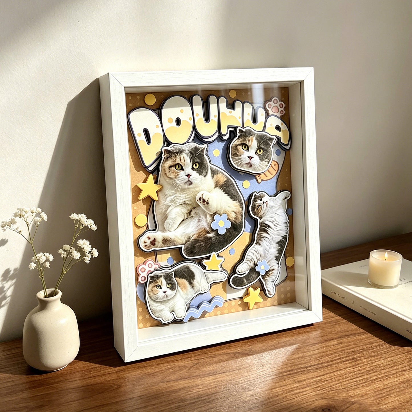 Custom framed 3D cat paper art on a wooden console table — ideal gift for cat owners.