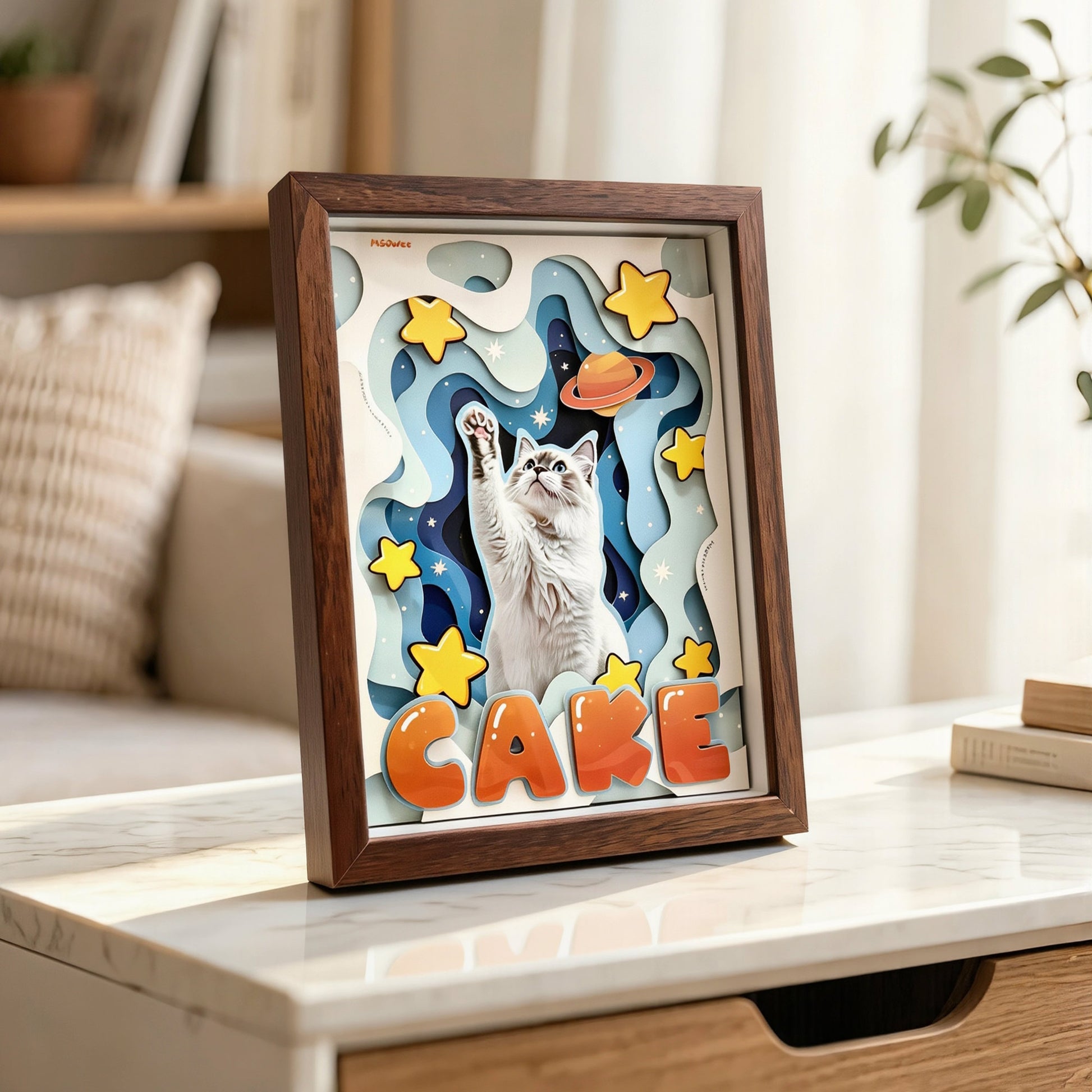 A stunning customized 3D framed pet portrait sitting on a bookshelf, making a perfect gift for pet lovers.